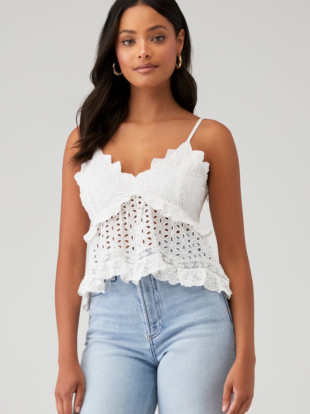 LoveShackFancy White Eyelet Lace Ruffled Camisole